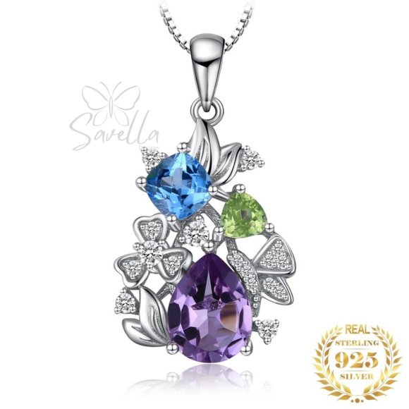 Tri-Stone Amethyst, Blue Topaz and Peridot Pendant set in 925 Silver with Chain - Picture 2 of 3